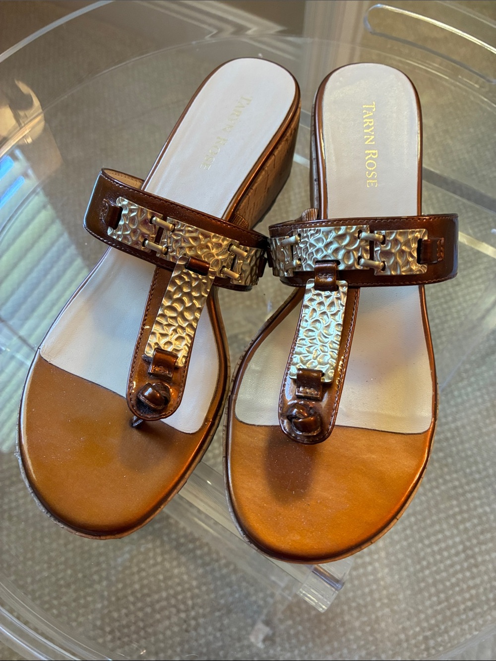 Taryn Rose Brown Leather T-Strap Sandals with Hammered Gold Accent